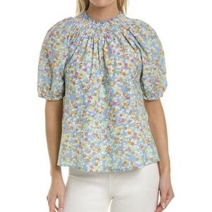 Roller Rabbit Marine Ainsley Floral Smocked Puff Sleeve Silk Blouse